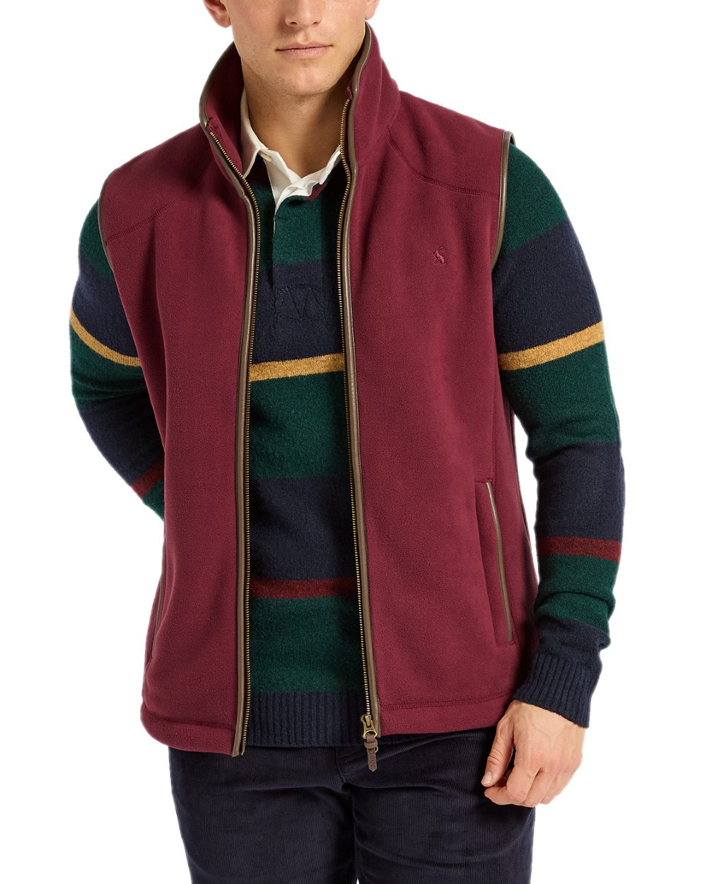 Burgundy Red Coloured Joules Mens Heritage Fleece Gilet on white background 