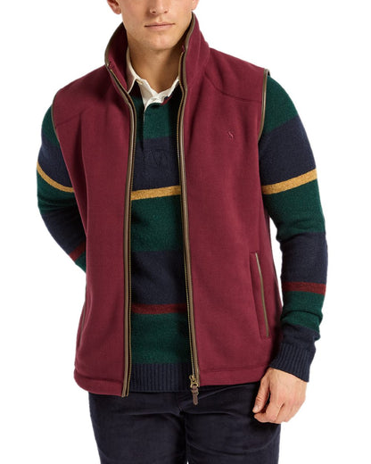 Burgundy Red Coloured Joules Mens Heritage Fleece Gilet on white background 
