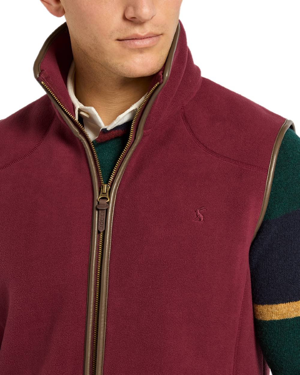 Burgundy Red Coloured Joules Mens Heritage Fleece Gilet on white background 