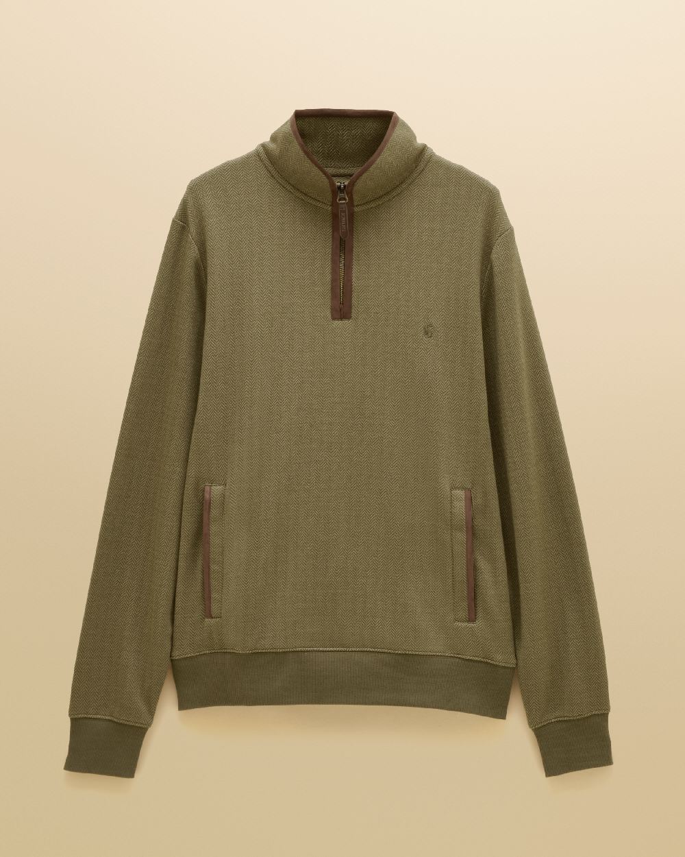 Green Coloured Joules Mens Herringbone Quarter Zip Sweatshirt on Beige Background 