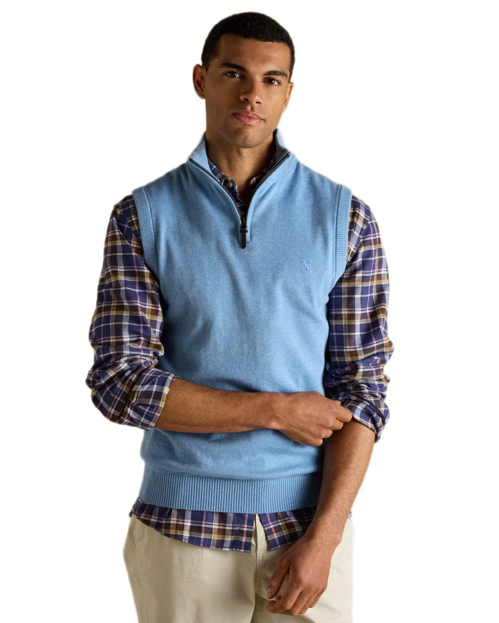 Light Blue coloured Joules Mens Hillside Quarter Zip Knitted Tank Top on white background 