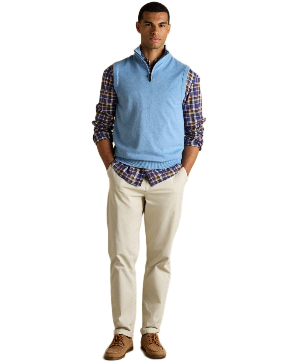Light Blue coloured Joules Mens Hillside Quarter Zip Knitted Tank Top on white background 