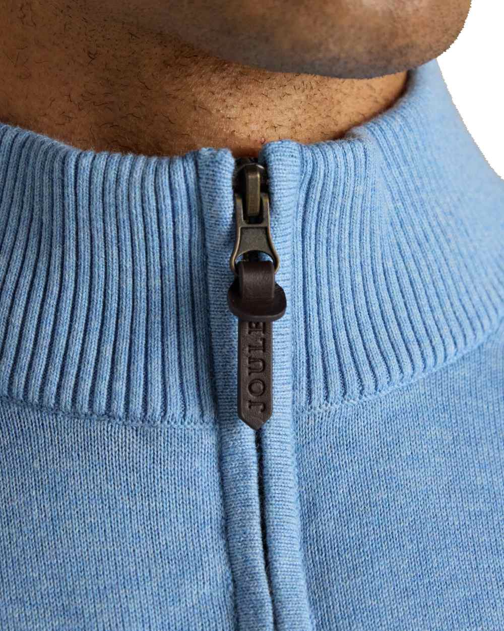 Light Blue coloured Joules Mens Hillside Quarter Zip Knitted Tank Top on white background 