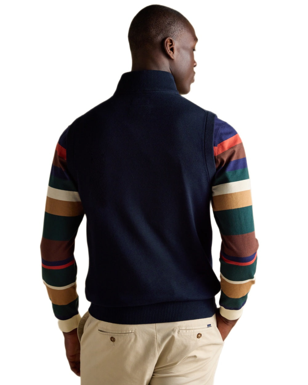 Navy coloured Joules Mens Hillside Quarter Zip Knitted Tank Top on white background 
