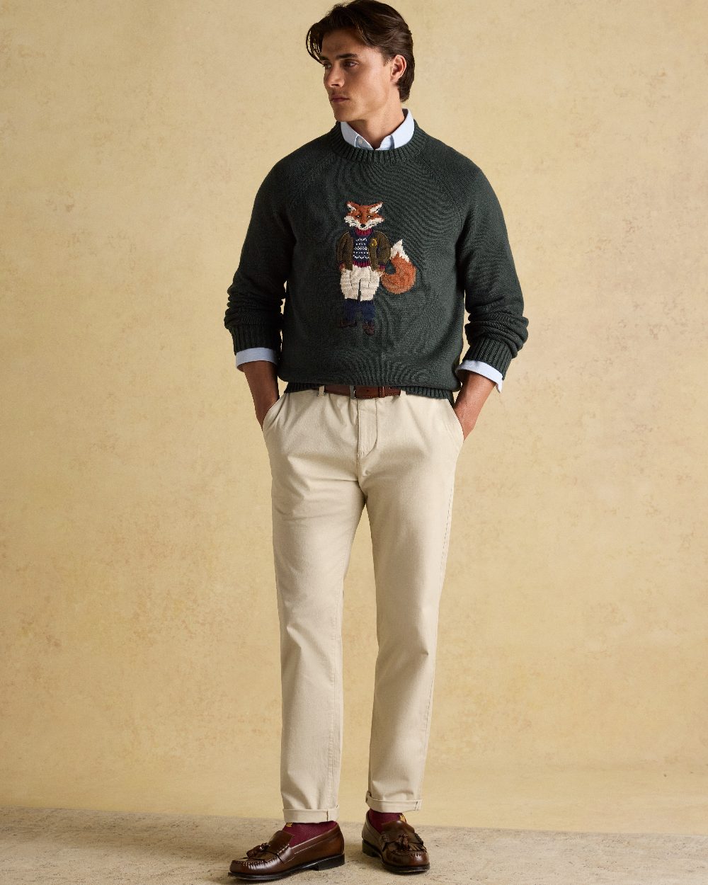 Green Coloured Joules Mens Jonty Intarsia Crew Knit Jumper on indoor background 