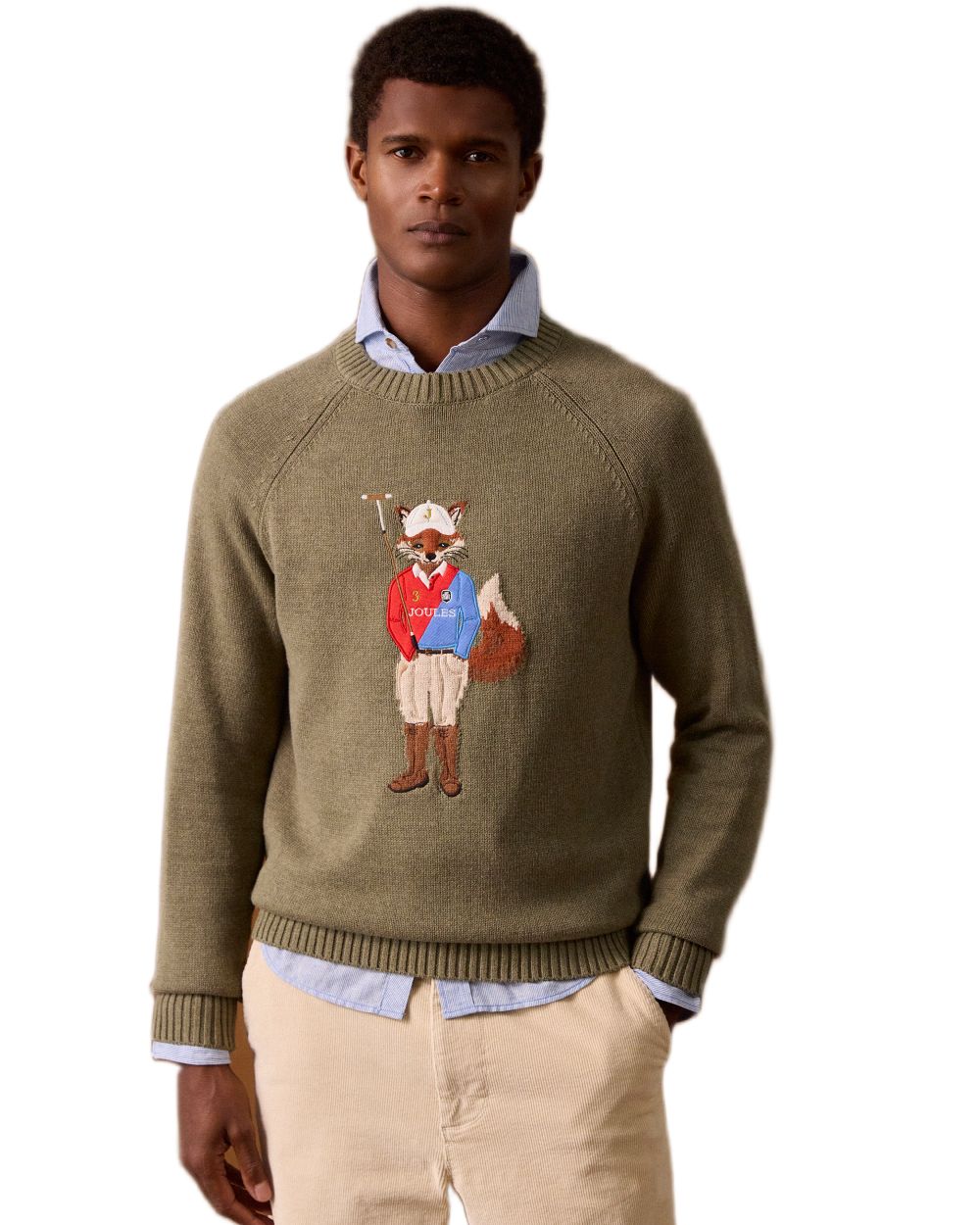 Khaki Green Coloured Joules Mens Jonty Intarsia Crew Knit Jumper on white background 