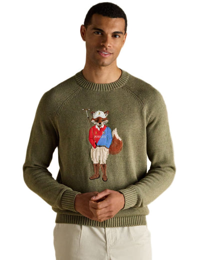 Khaki Green Coloured Joules Mens Jonty Intarsia Crew Knit Jumper on white background 