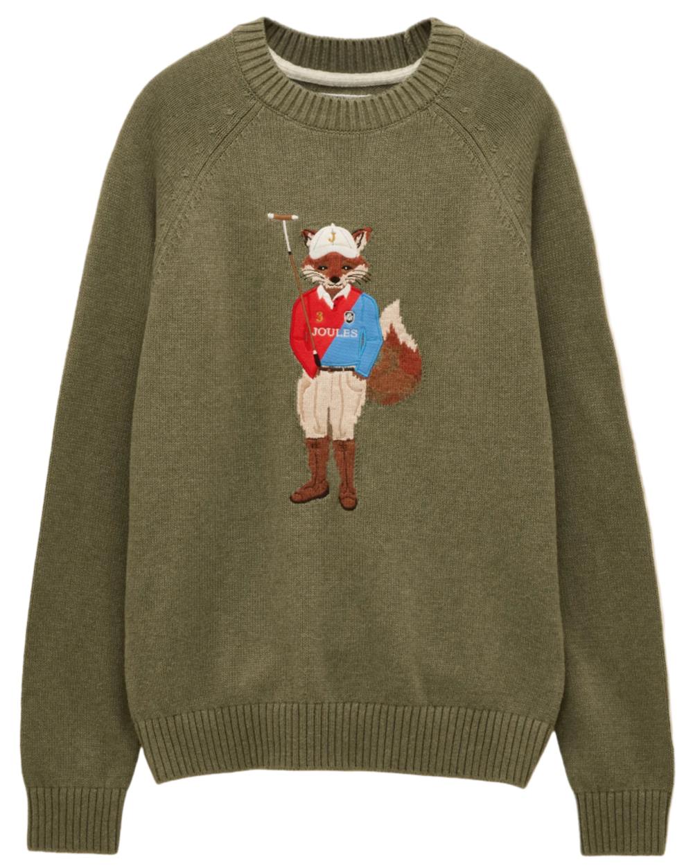 Khaki Green Coloured Joules Mens Jonty Intarsia Crew Knit Jumper on white background 