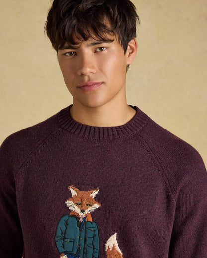 Purple Coloured Joules Mens Jonty Intarsia Crew Knit Jumper on beige background 