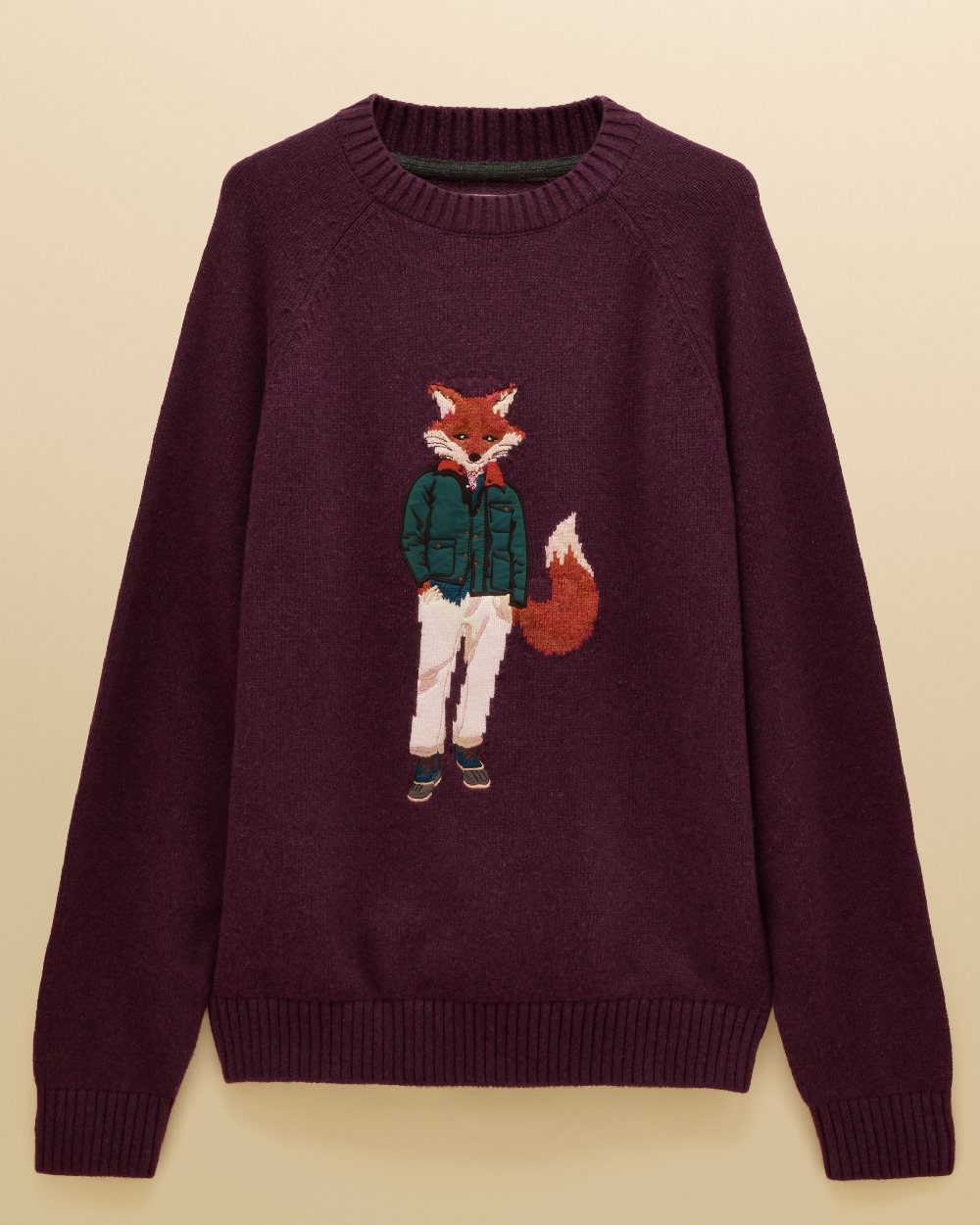Purple Coloured Joules Mens Jonty Intarsia Crew Knit Jumper on beige background 