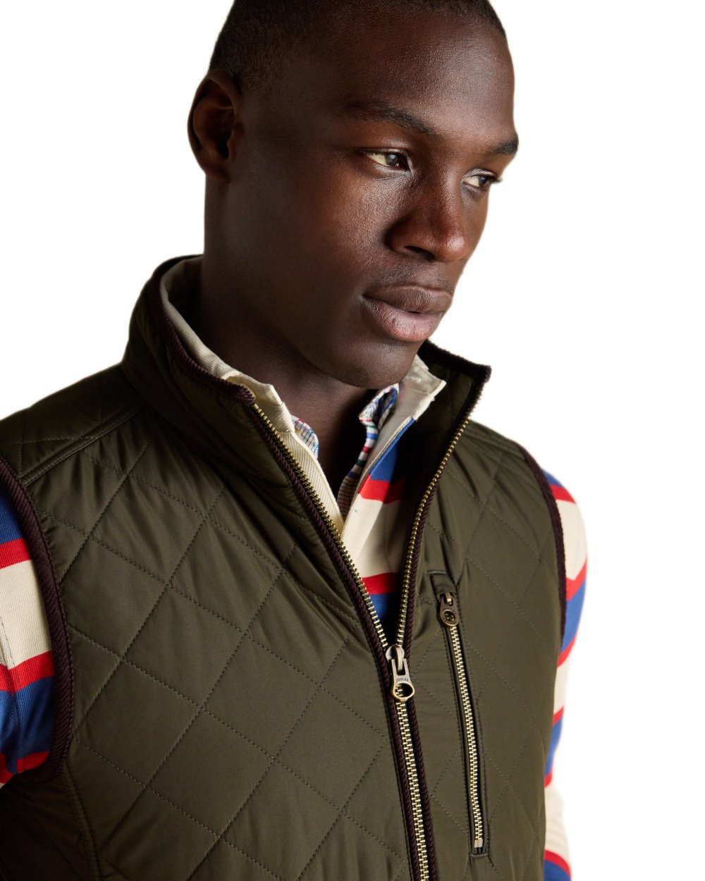 Green coloured Joules Mens Maynard Diamond Quilted Gilet on white background 