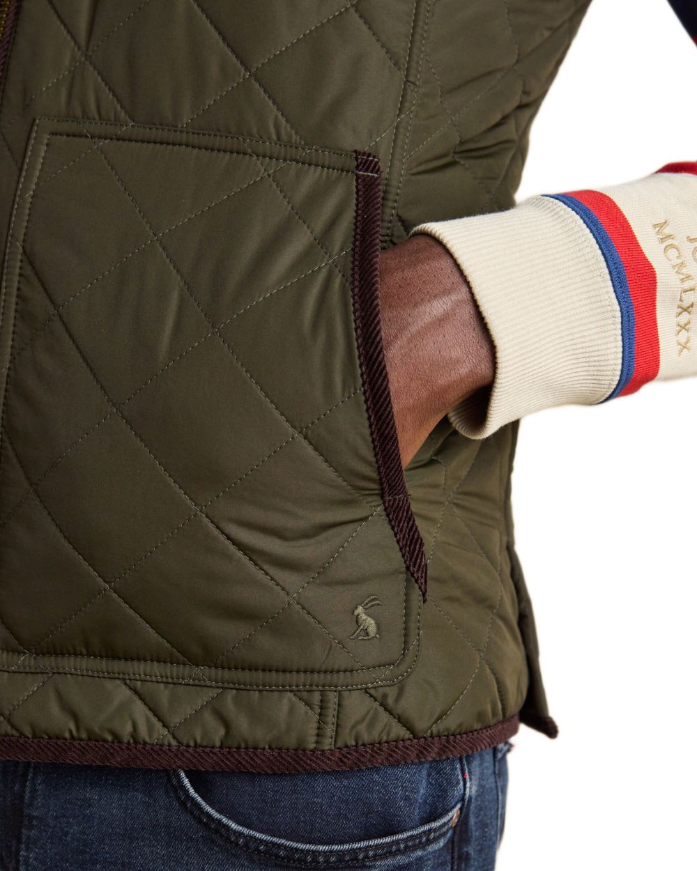 Green coloured Joules Mens Maynard Diamond Quilted Gilet on white background 