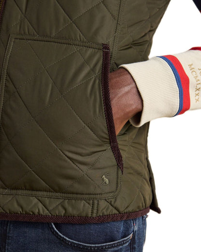 Green coloured Joules Mens Maynard Diamond Quilted Gilet on white background 