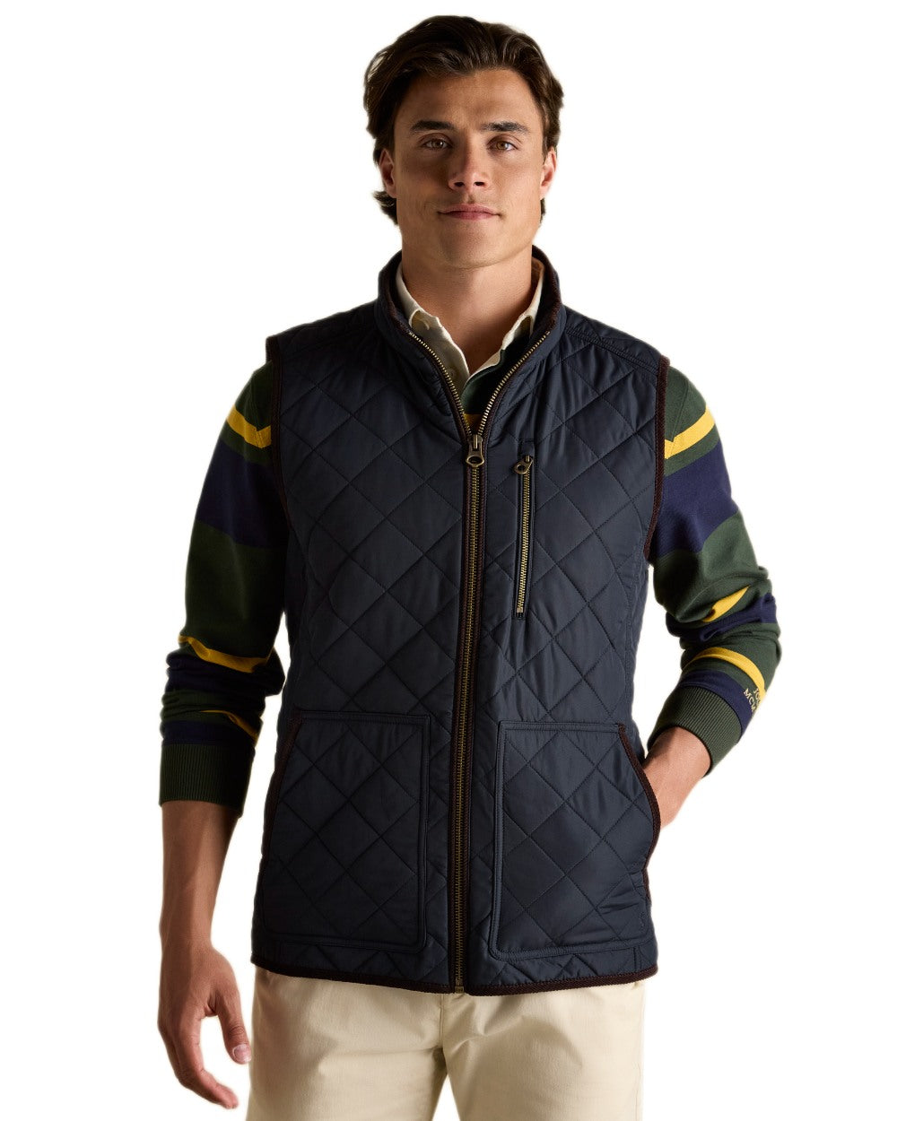 Navy coloured Joules Mens Maynard Diamond Quilted Gilet on white background 