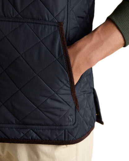 Navy coloured Joules Mens Maynard Diamond Quilted Gilet on white background 
