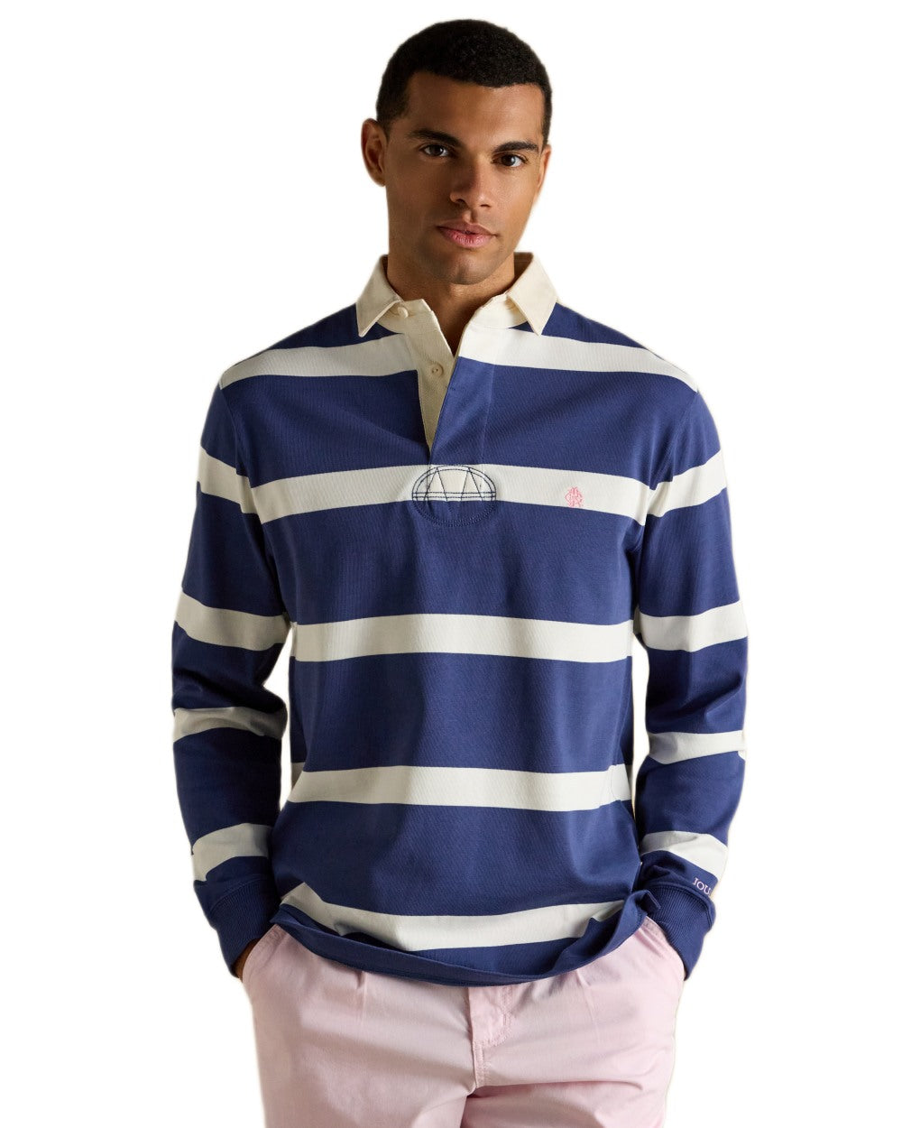 Blue Cream Coloured Joules Mens Onside Rugby Shirt on white background 
