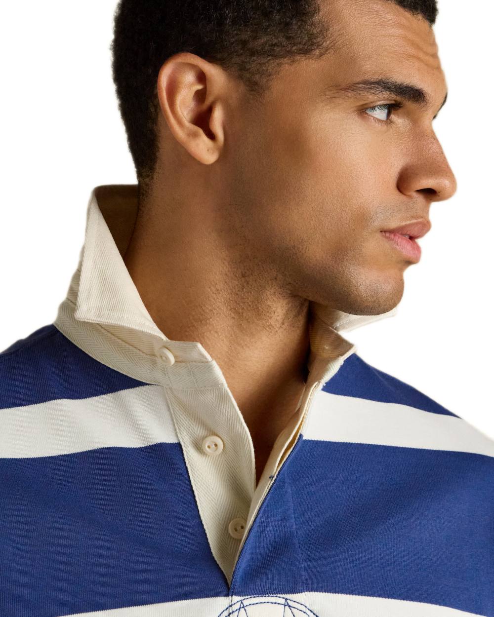 Blue Cream Coloured Joules Mens Onside Rugby Shirt on white background 