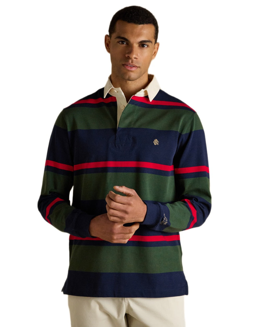 Navy Green Coloured Joules Mens Onside Rugby Shirt on white background 