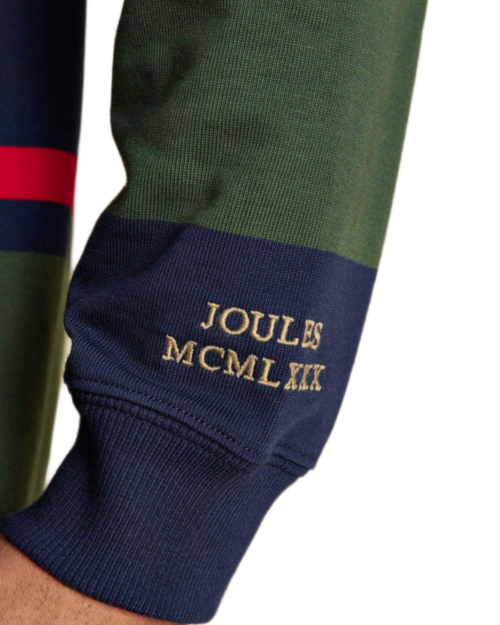 Navy Green Coloured Joules Mens Onside Rugby Shirt on white background 