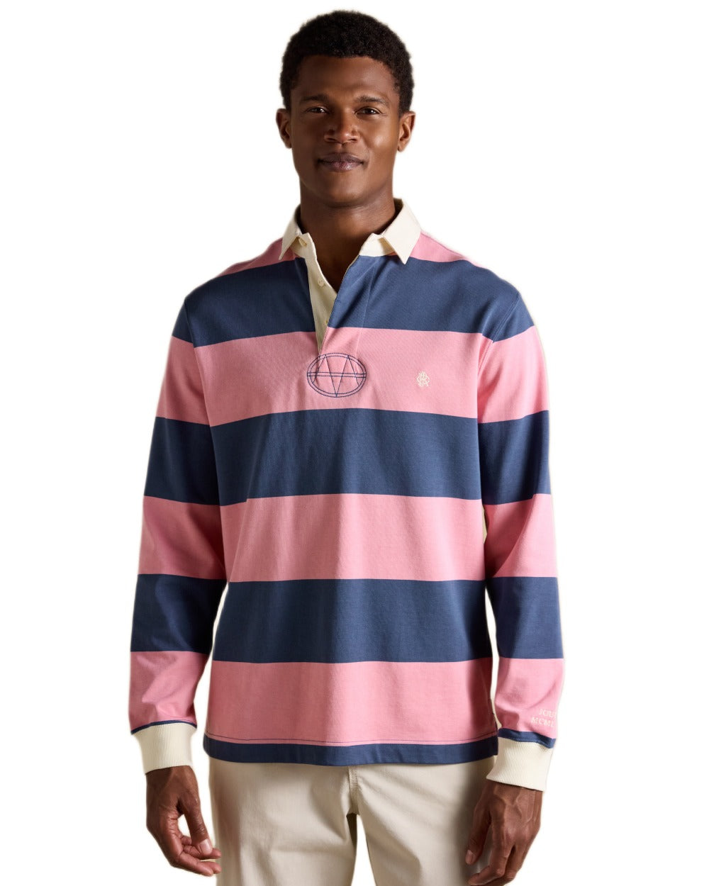 Pink Blue Coloured Joules Mens Onside Rugby Shirt on white background 