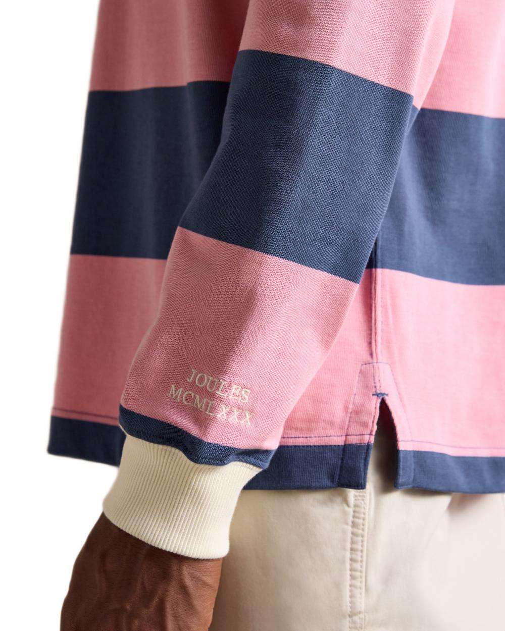 Pink Blue Coloured Joules Mens Onside Rugby Shirt on white background 