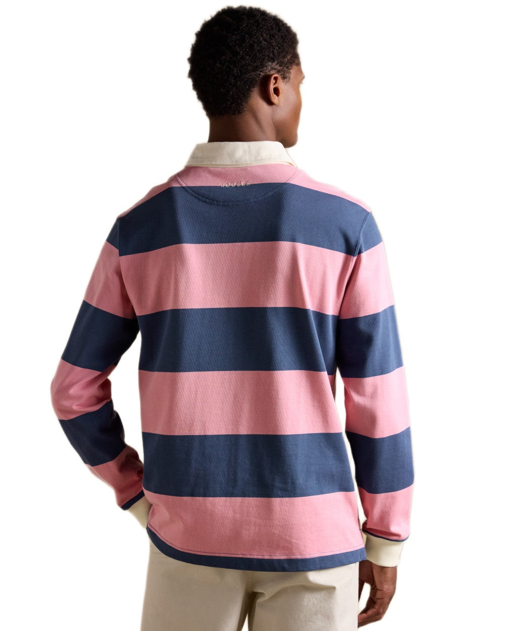 Pink Blue Coloured Joules Mens Onside Rugby Shirt on white background 