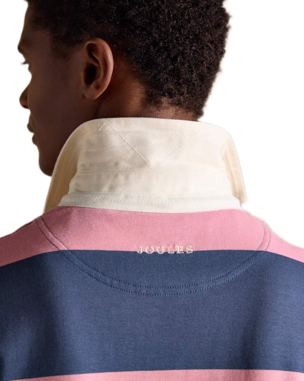 Pink Blue Coloured Joules Mens Onside Rugby Shirt on white background 