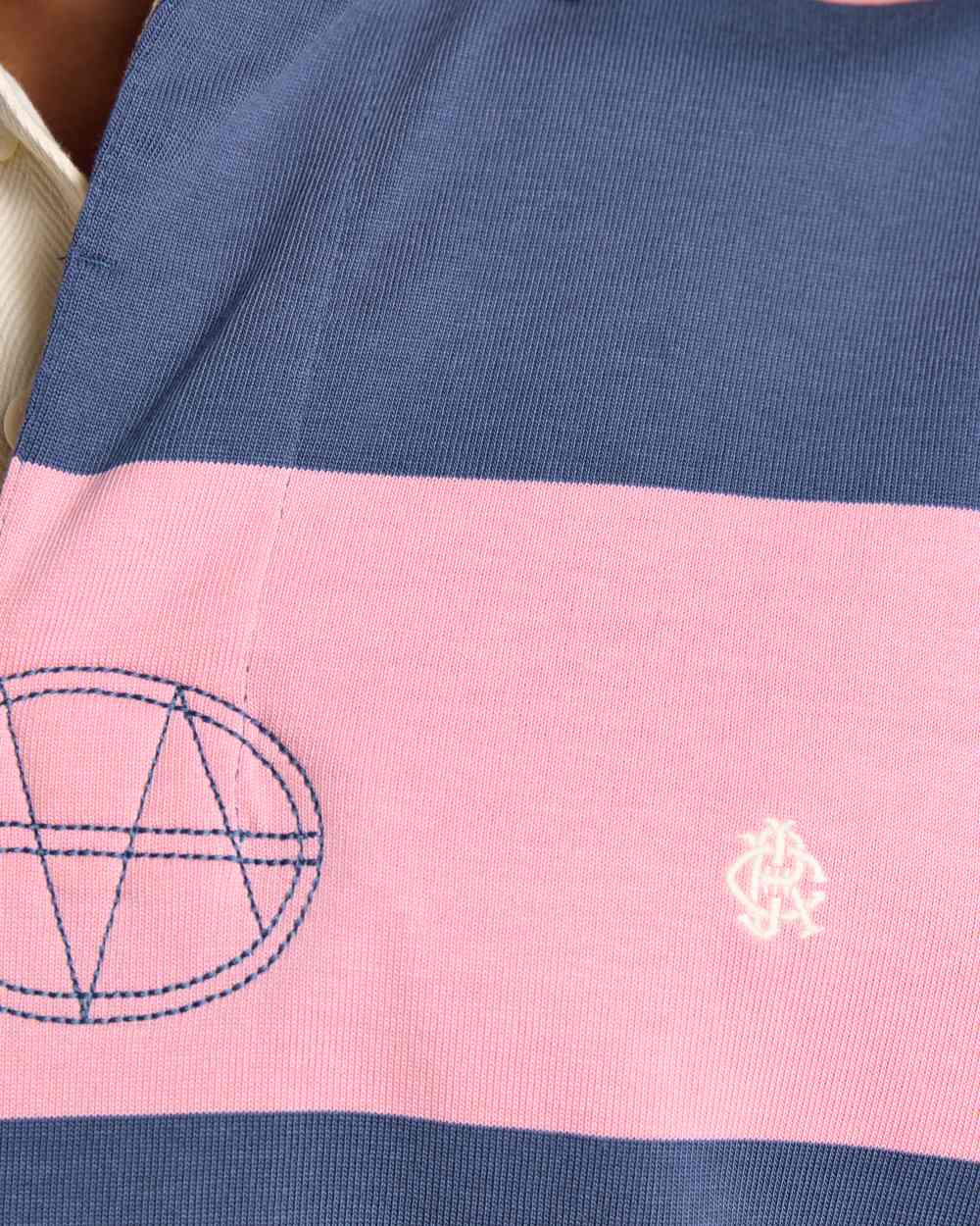 Pink Blue Coloured Joules Mens Onside Rugby Shirt on white background 