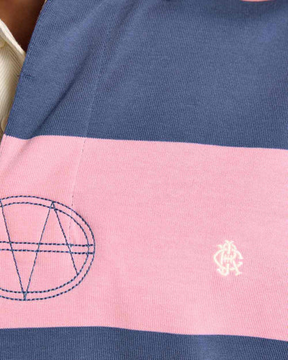 Pink Blue Coloured Joules Mens Onside Rugby Shirt on white background 