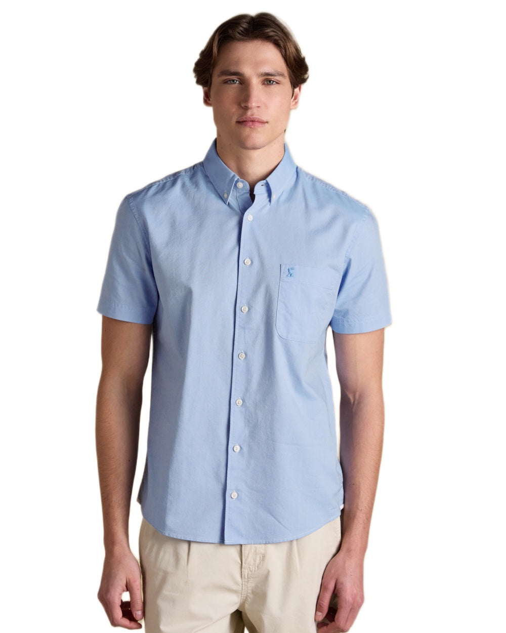 Blue coloured Joules Mens Oxford Short Sleeve Classic Fit Cotton Shirt on white background 