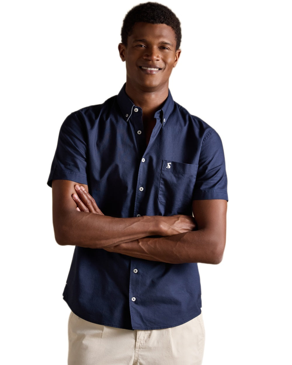 Navy coloured Joules Mens Oxford Short Sleeve Classic Fit Cotton Shirt on white background 