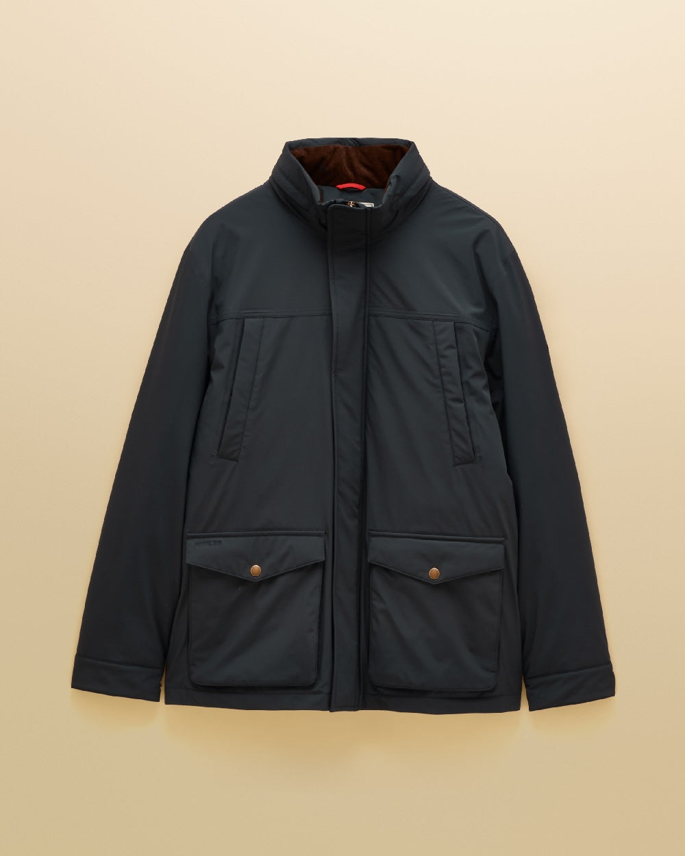Navy Coloured Joules Mens Padded Waterproof Field Coat on Beige Background 