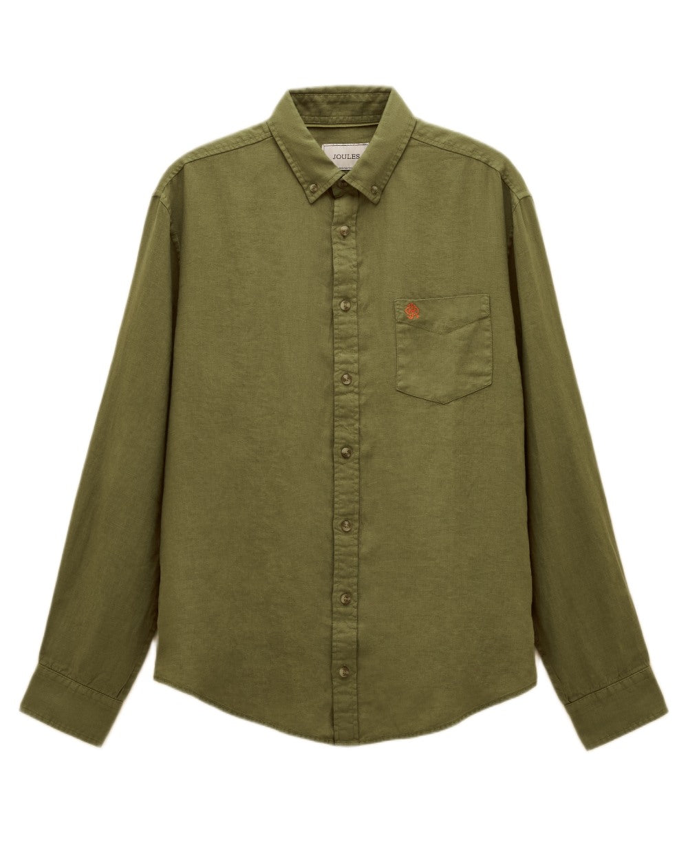 Khaki Green coloured Joules Mens Pure Linen Long Sleeve Classic Fit Shirt on white background 
