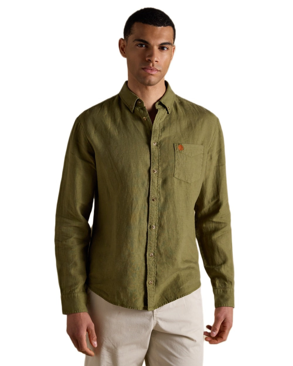 Khaki Green coloured Joules Mens Pure Linen Long Sleeve Classic Fit Shirt on white background 