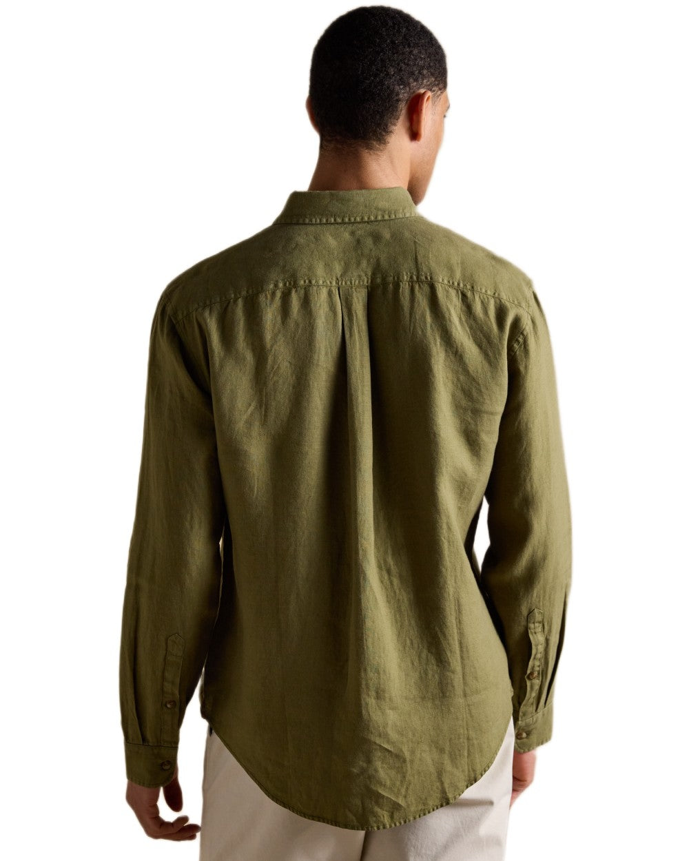 Khaki Green coloured Joules Mens Pure Linen Long Sleeve Classic Fit Shirt on white background 