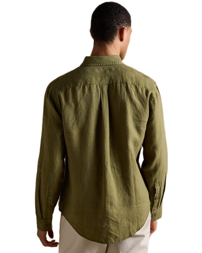 Khaki Green coloured Joules Mens Pure Linen Long Sleeve Classic Fit Shirt on white background 