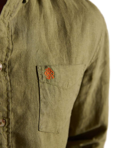Khaki Green coloured Joules Mens Pure Linen Long Sleeve Classic Fit Shirt on white background 