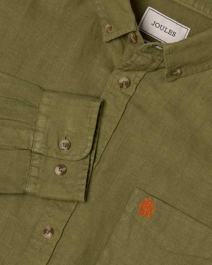 Khaki Green coloured Joules Mens Pure Linen Long Sleeve Classic Fit Shirt on white background 