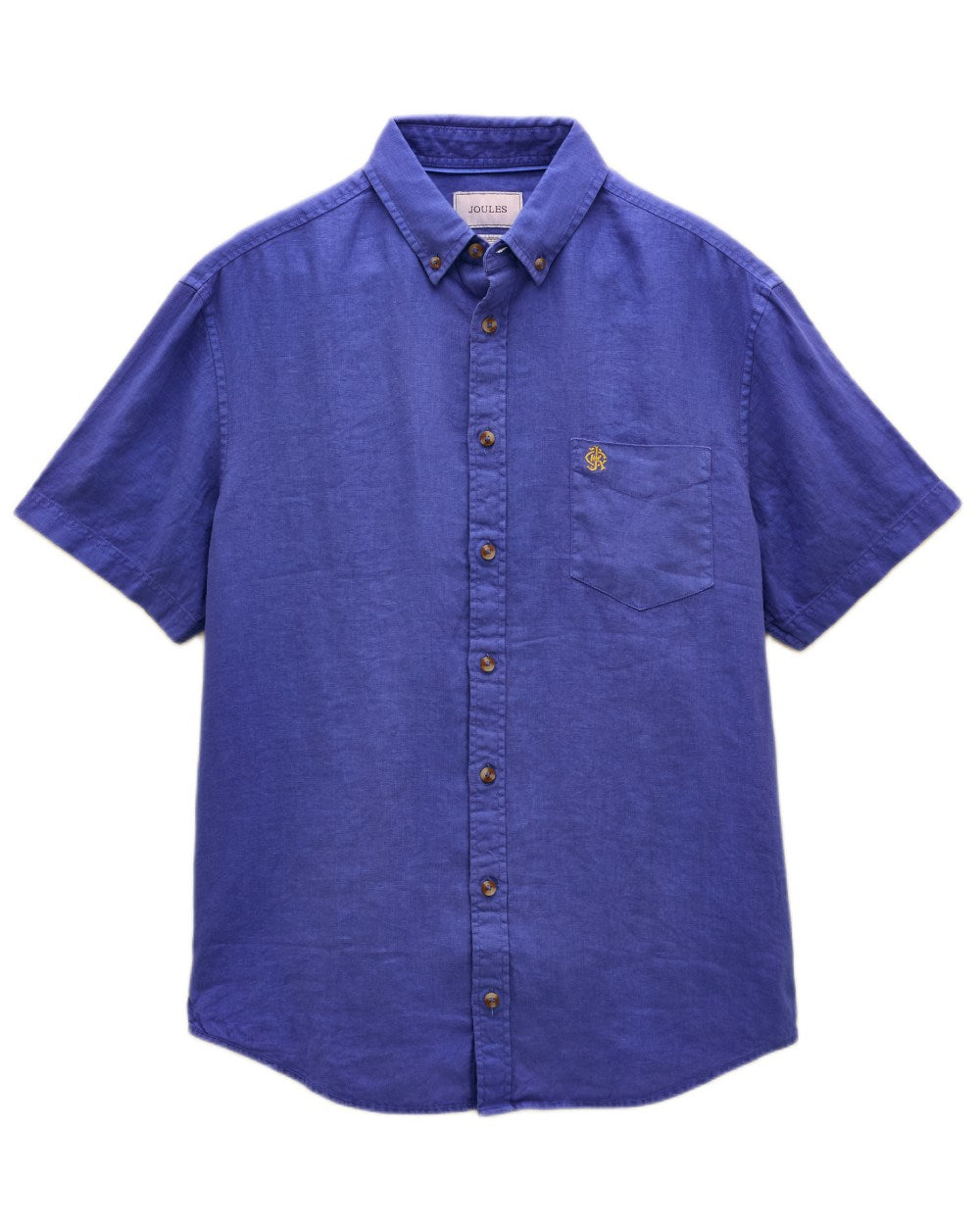 Blue coloured Joules Mens Pure Linen Short Sleeve Classic Fit Shirt on white background 