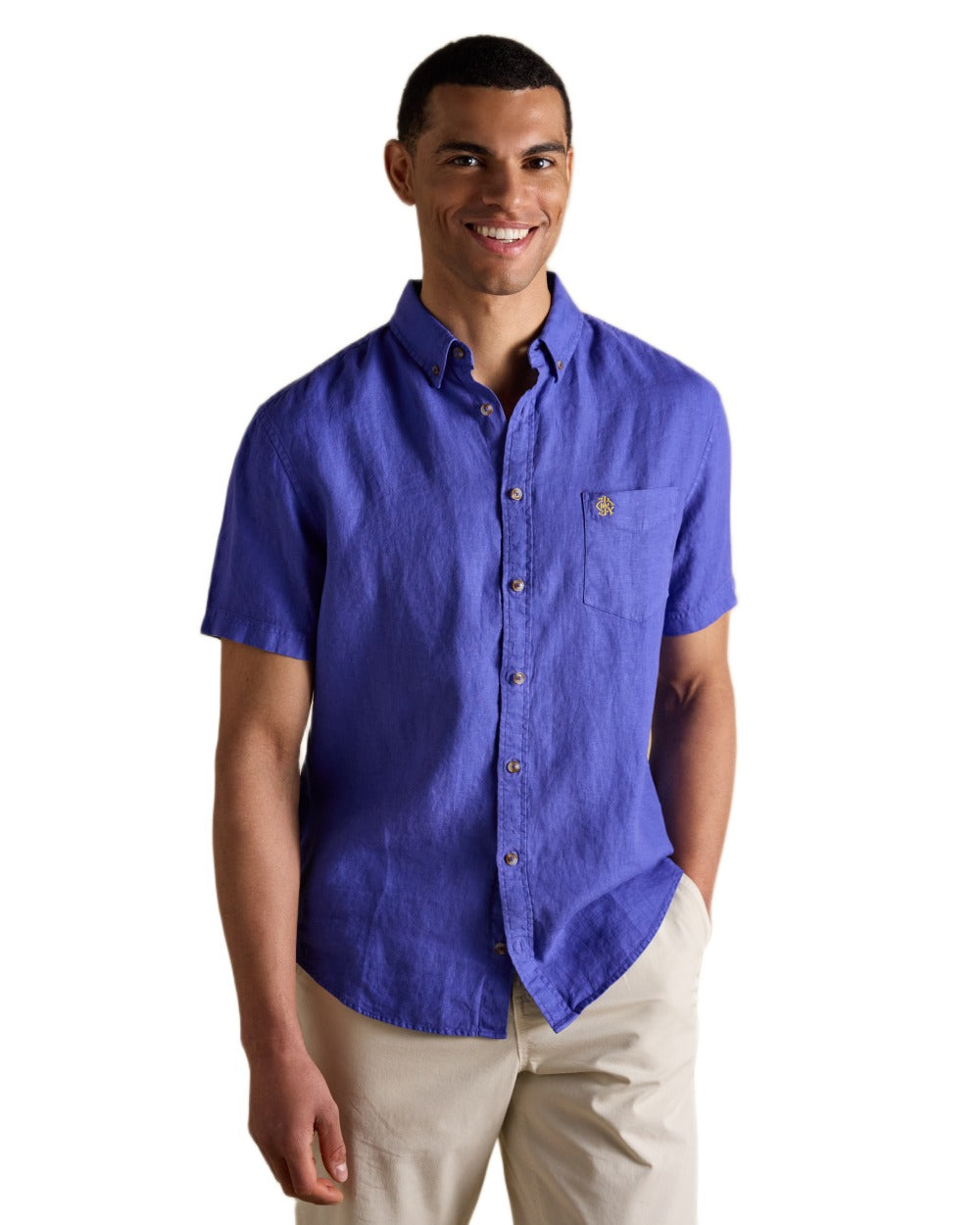 Blue coloured Joules Mens Pure Linen Short Sleeve Classic Fit Shirt on white background 