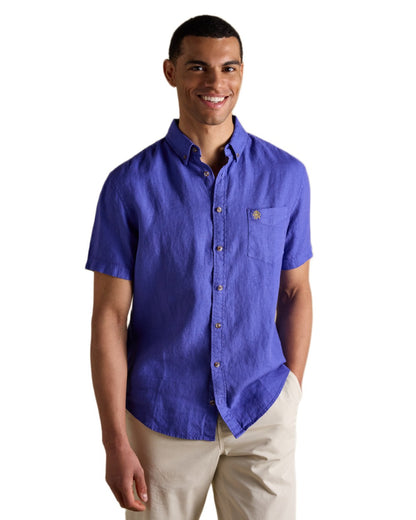Blue coloured Joules Mens Pure Linen Short Sleeve Classic Fit Shirt on white background 