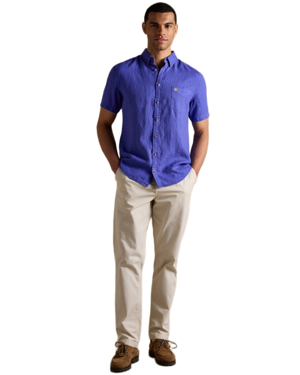 Blue coloured Joules Mens Pure Linen Short Sleeve Classic Fit Shirt on white background 