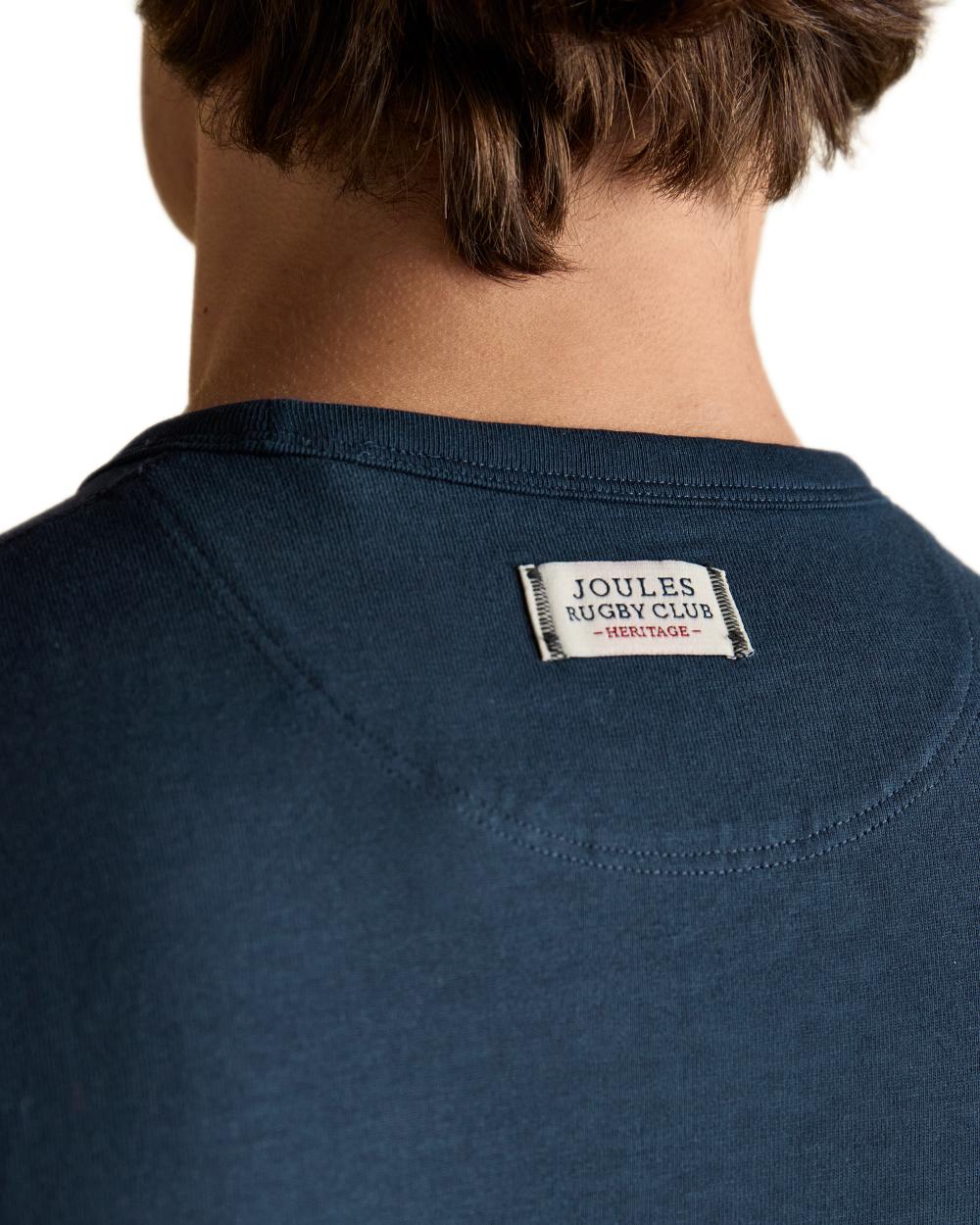Navy coloured Joules Mens Rugby Club Crew Neck Cotton T-Shirt on white background 