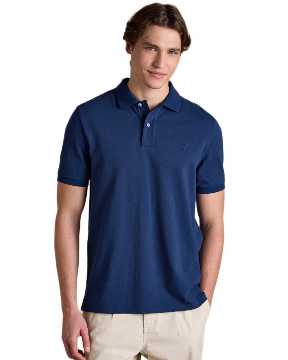 Dark Blue coloured Joules Mens Woody Cotton Pique Polo Shirt on white background 