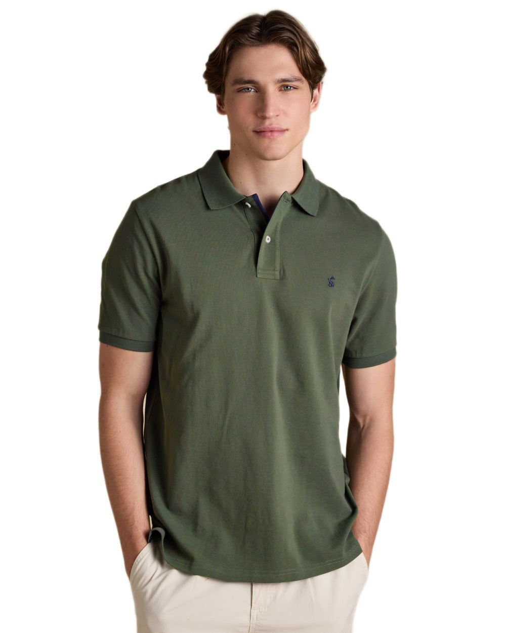 Khaki Green coloured Joules Mens Woody Cotton Pique Polo Shirt on white background 