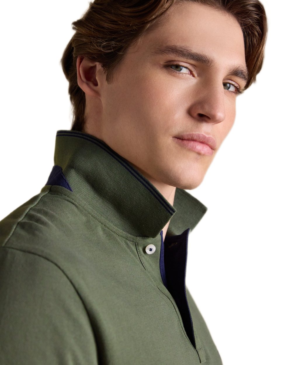 Khaki Green coloured Joules Mens Woody Cotton Pique Polo Shirt on white background 