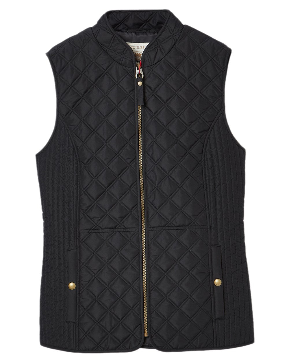 Black Coloured Joules Minx Showerproof Diamond Quilted Gilet on white background 