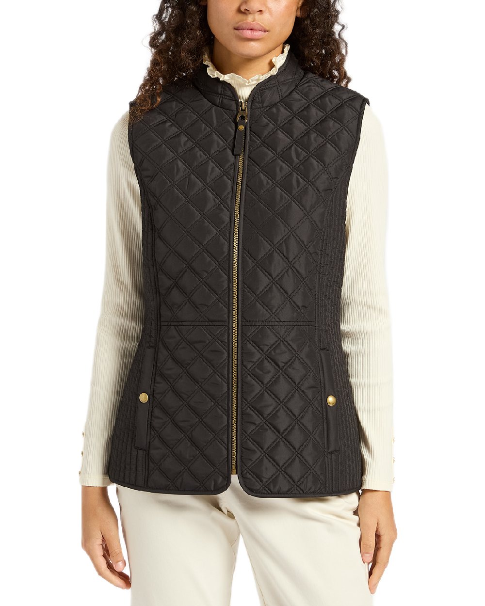 Black Coloured Joules Minx Showerproof Diamond Quilted Gilet on white background 