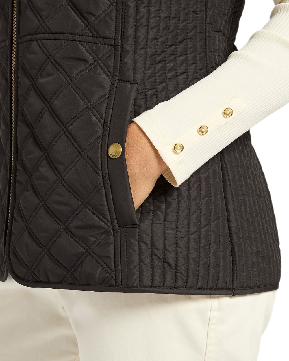Black Coloured Joules Minx Showerproof Diamond Quilted Gilet on white background 