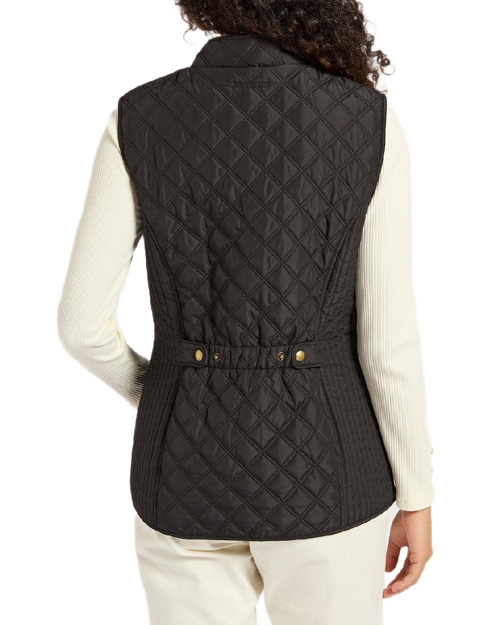 Black Coloured Joules Minx Showerproof Diamond Quilted Gilet on white background 